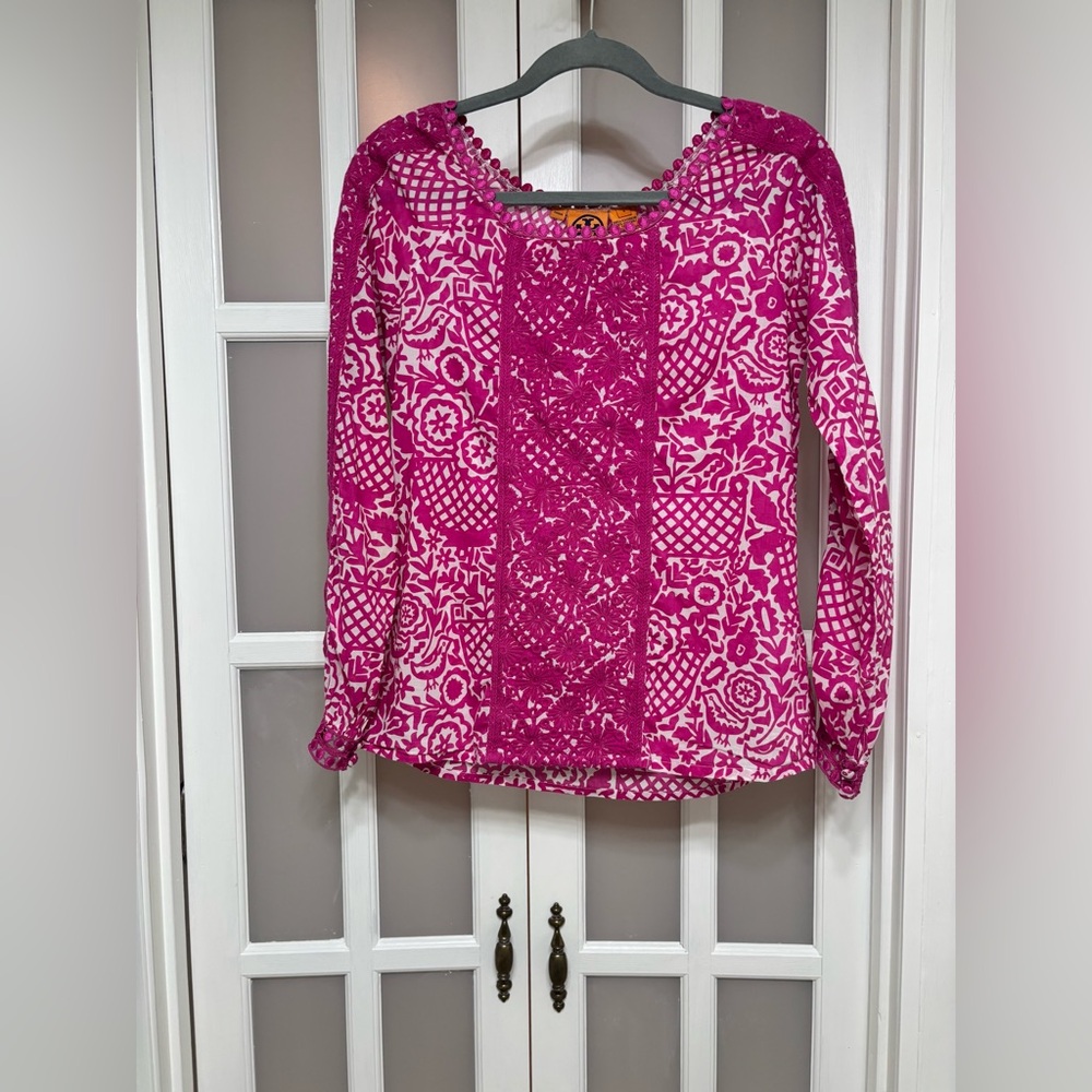 Tory Burch Pink Embroidered Boho Blouse Size 4